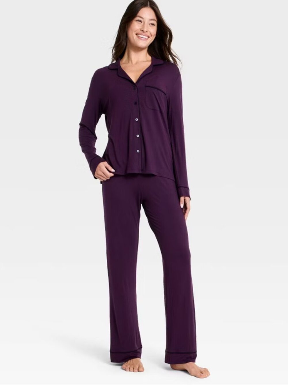 Cloud Knit Modal Long Sleeve Notch Collar Top and Pants Pajama Set Auden Purple